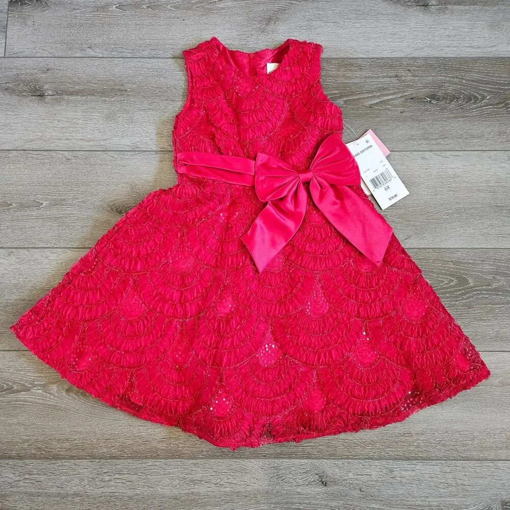 Rare Editions Toddler Girls Dress Red Sequin Bow Holiday Party NWT Sz 6X